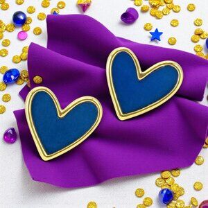 Royal Blue Enamel Heart Stud Earrings Gold Tone Statement Cute Gift for Girls